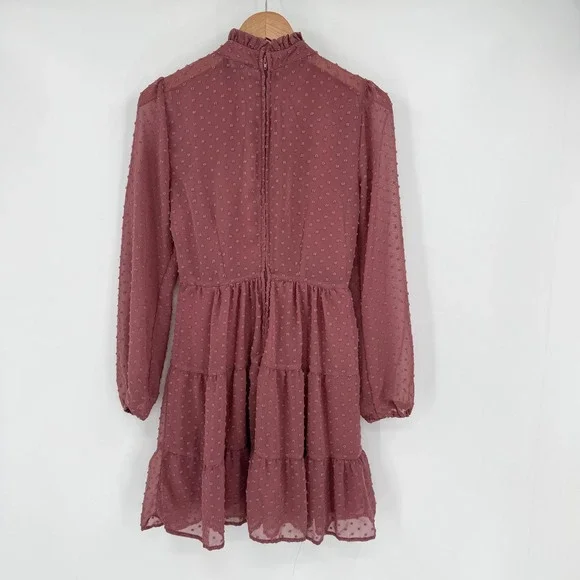 Trixxi Mauve Swiss Dot Tiered Mini Dress High Ruffle Neck Long Sleeve Women's M - Picture 6 of 13